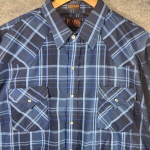 Plains Western Wear Big Man 2X Blue Plaid Pearl Snap Long Sleeve Shirt Cowboy